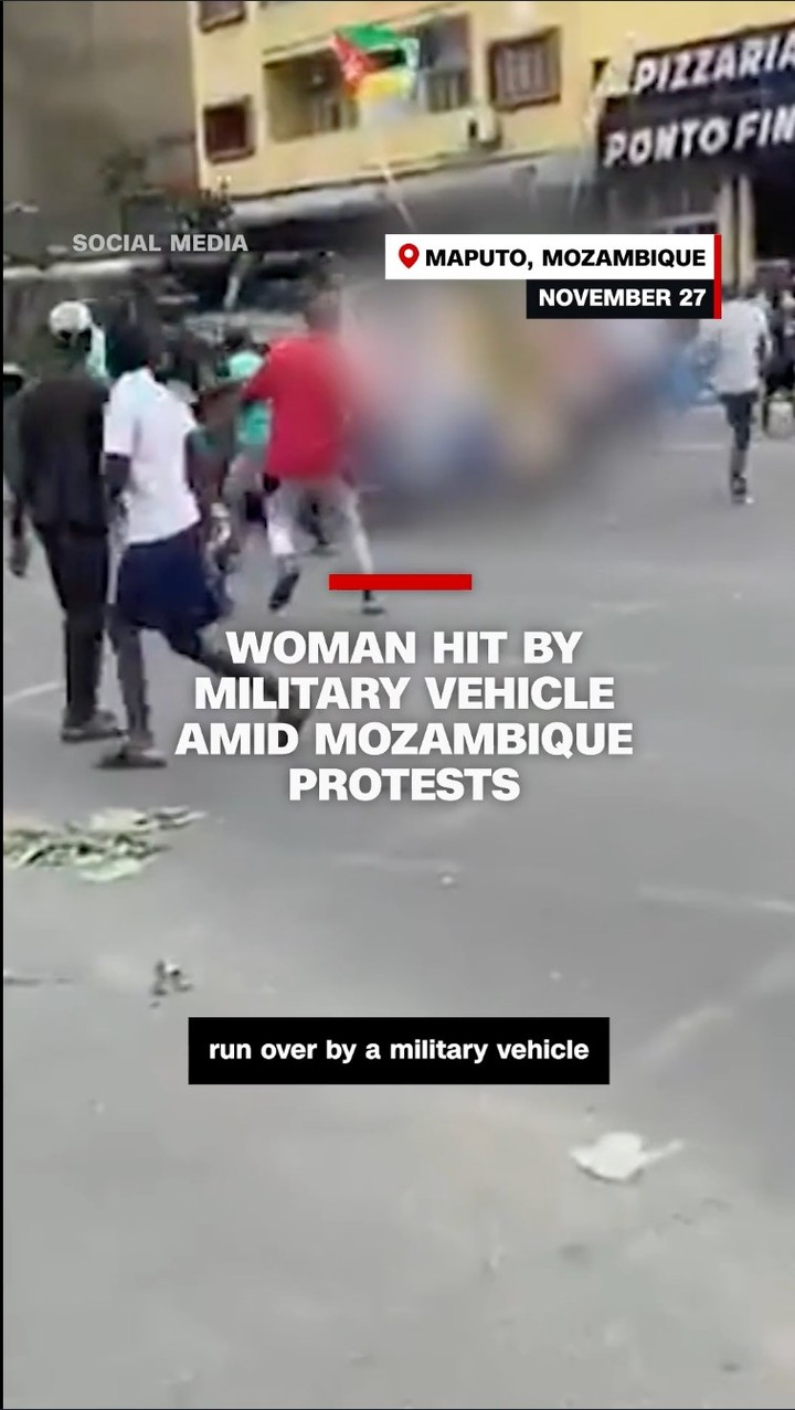 According to a report from Reuters, a female protester in Mozambique was struck by a military vehicle during a demonstration following the recent election. This incident, which occurred a month after the country was thrown into turmoil due to the Frelimo party's continued reign, was captured on social media as the vehicle plowed through a group of individuals.  Source : Instagram @cnn